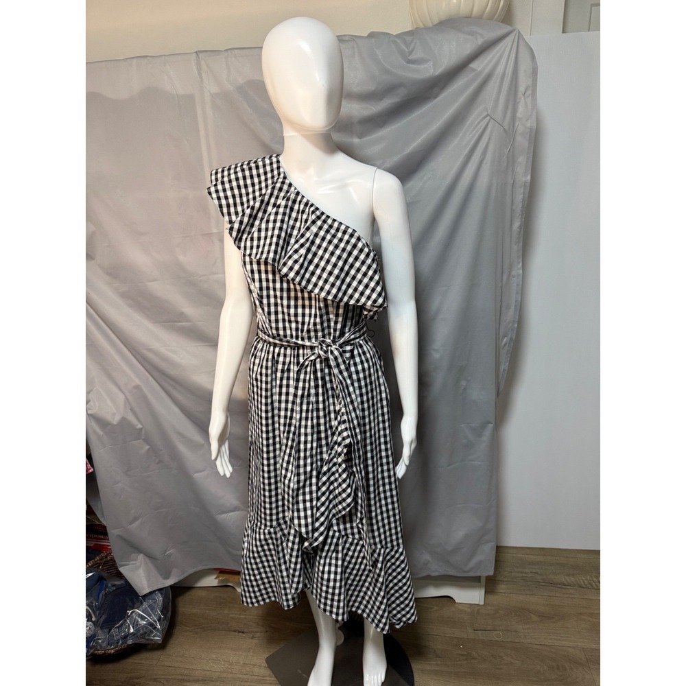 Adreianna Papell Cottagecore Preppy Gingham  Shoulder  Ruffled Dress Size 6P